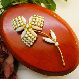 VINTAGE Milk Glass Floral Brooch: Gold Plated Rhinestone Flower, 1960s